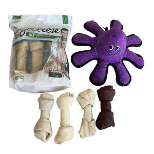 New Rawhide Bones & Used Dog Toy Assortment for Med-Lg Dog, Aggressive Chewers